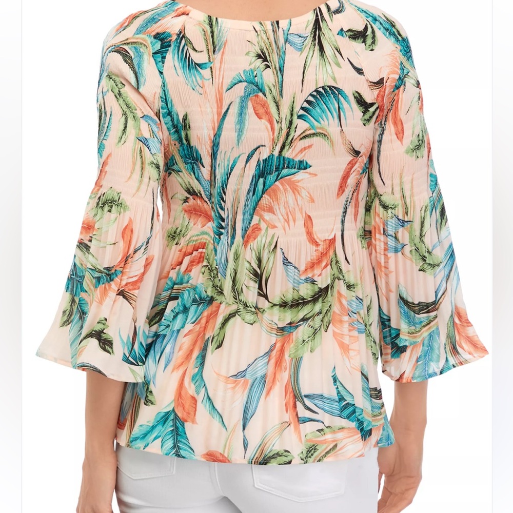 Spense Peach Floral Peplum Blouse with Teal & Coral Print